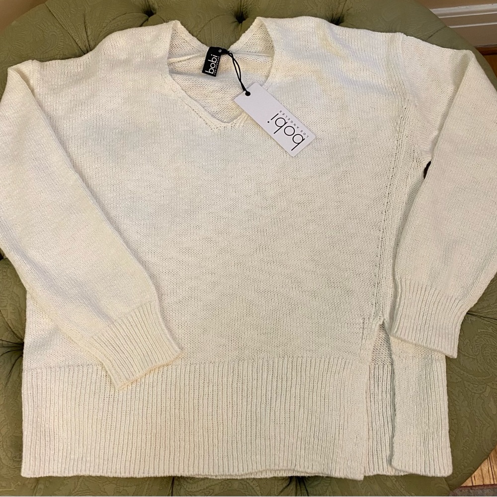 Bobi V-Neck Sweater Size Large 100% Cotton Ivory NWT Retail $92